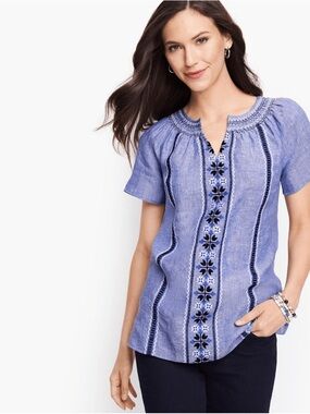 Talbots 100% Linen Blue Embroidered tunic top